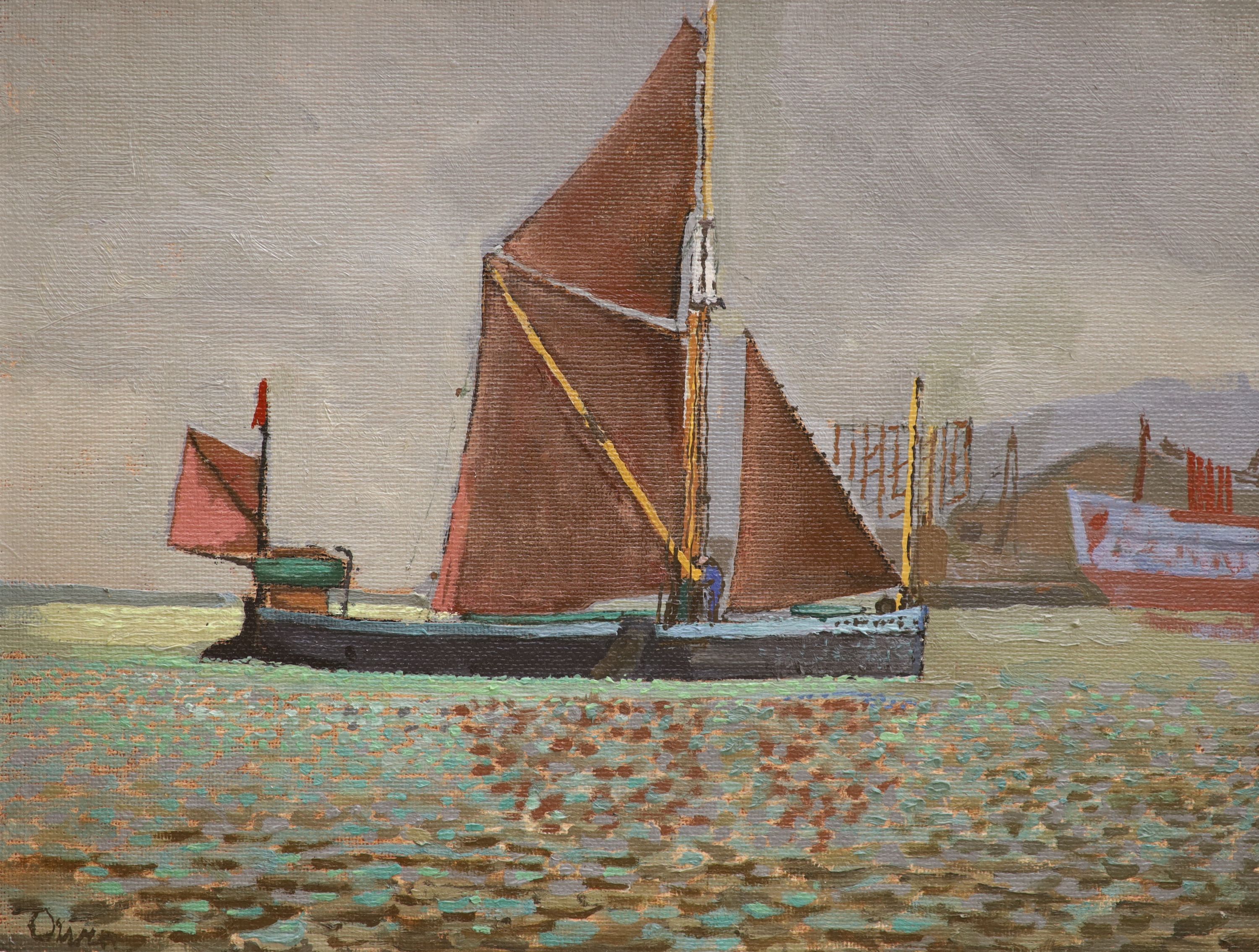 John Owen, oil on canvas board, Sailing barge entering port, signed, 35 x 45cm